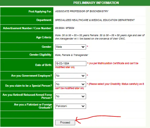 enter preliminary information